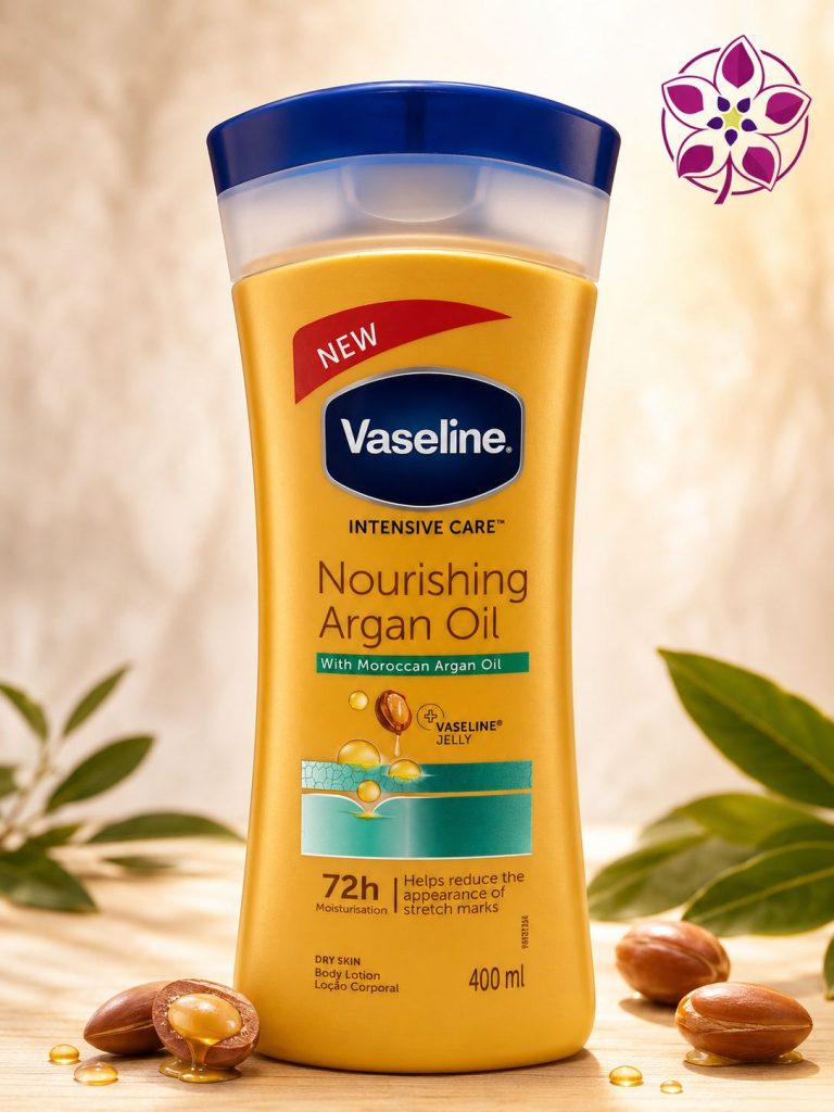 لوسیون بدن وازلین مدل Nourishing Argan Oil حاوی روغن آرگان مراکشی حجم ۴۰۰ میلی‌لیتر، مرطوب‌کننده پوست خشک با ماندگاری ۷۲ ساعته