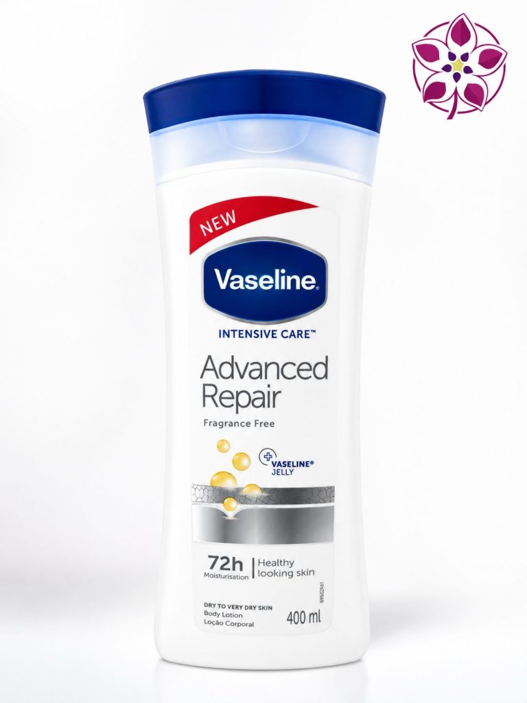 تصویر لوشن بدن وازلین Advanced Repair بدون عطر 400 میلی‌لیتر با آبرسانی 72 ساعته برای پوست خشک و بسیار خشک، به همراه لوگوی برند در گوشه بالا سمت راست
