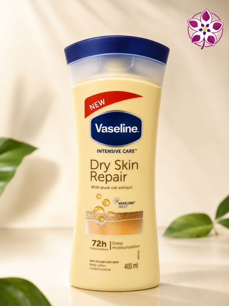 لوسیون بدن وازلین Dry Skin Repair حجم 400 میلی‌لیتر، مناسب پوست خشک و خیلی خشک، حاوی عصاره جو دوسر و مرطوب‌کننده 72 ساعته با لوگوی برند در گوشه تصویر